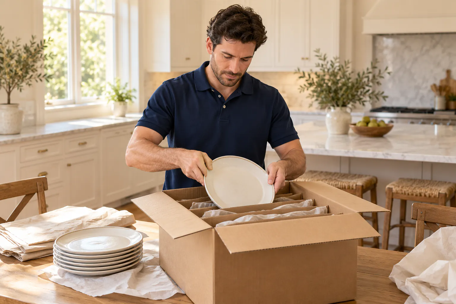 A mover packing ceramic plates into a divided cardboard box. A mover packing ceramic plates into a divided cardboard box.