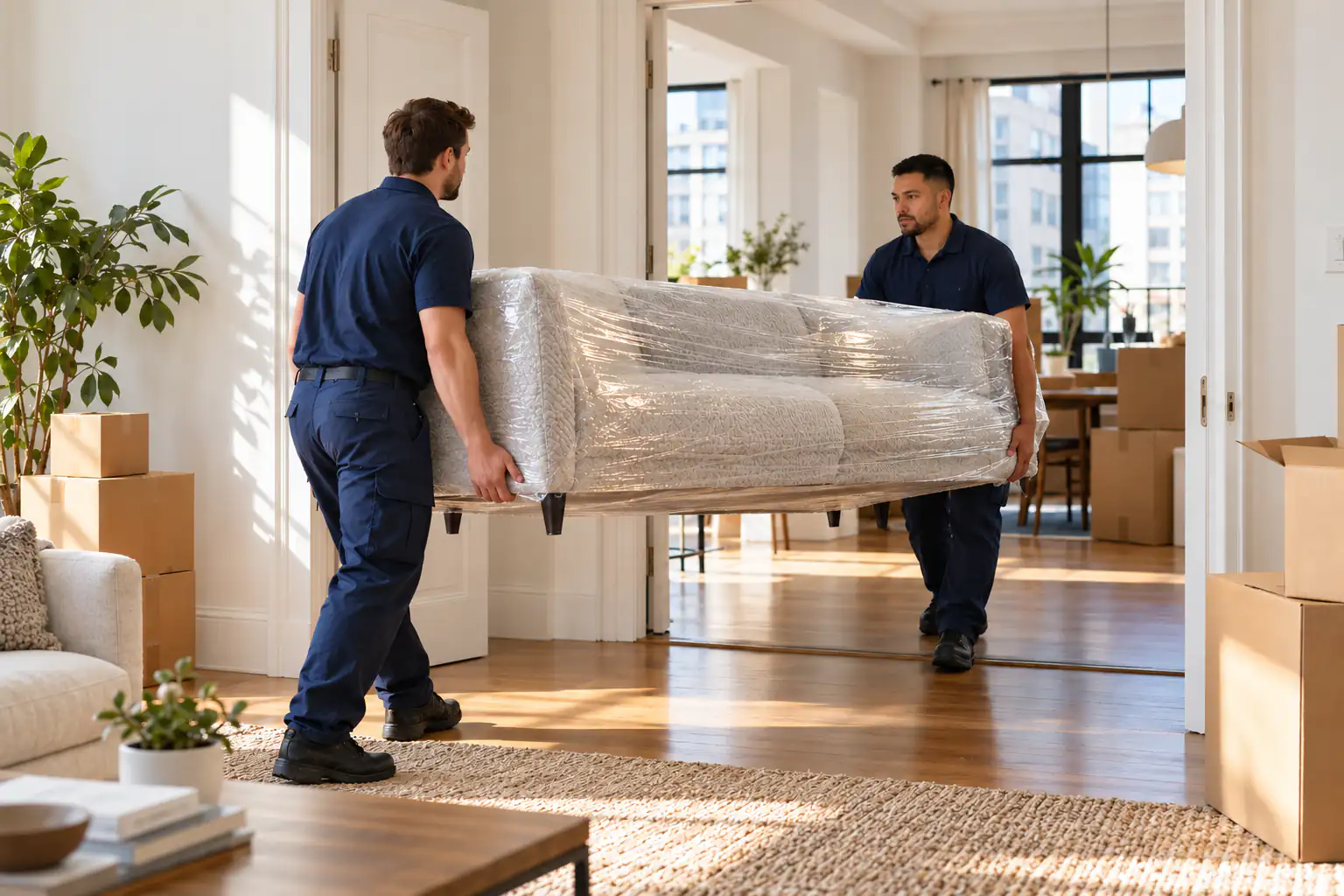 Two movers carrying a sofa wrapped in protective film. Two movers carrying a sofa wrapped in protective film.