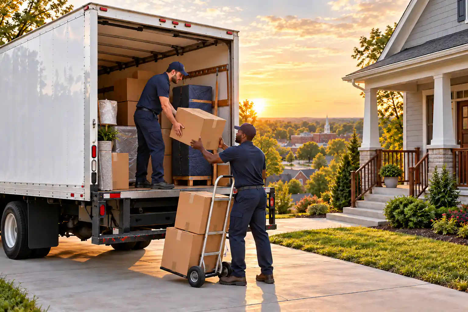 Movers loading boxes into a truck beside a home in warm evening light. Movers loading boxes into a truck beside a home in warm evening light.