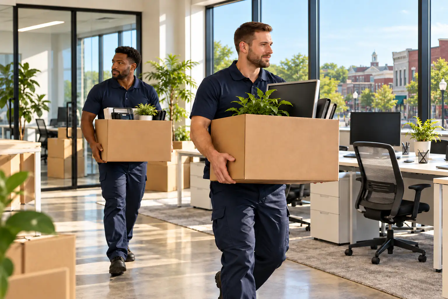 Movers carrying packed office equipment through a modern office. Movers carrying packed office equipment through a modern office.