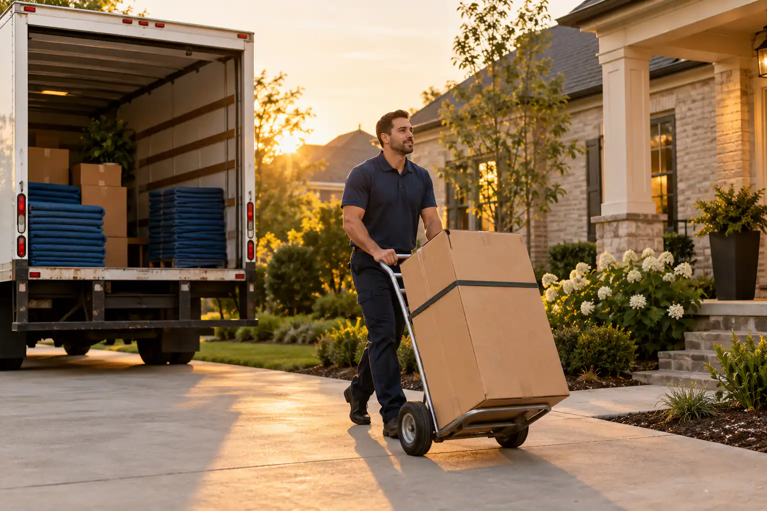 Professional mover guiding a loaded hand truck beside a moving truck Professional mover guiding a loaded hand truck beside a moving truck