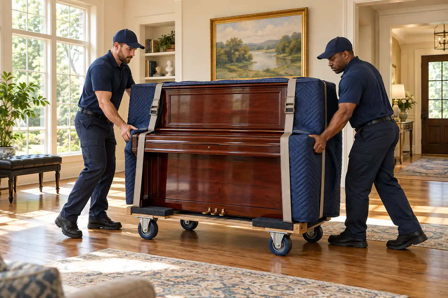 Two movers guiding an upright piano on a wheeled dolly. Two movers guiding an upright piano on a wheeled dolly.
